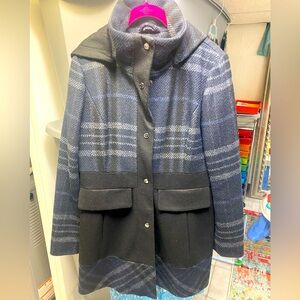 Guess Plaid Wool Hooded Coat Medium